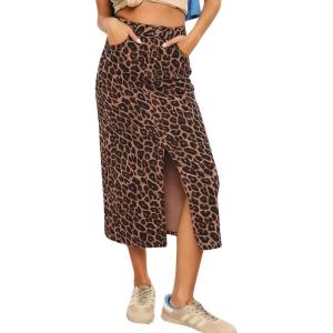 image:imagechouyatou Womens Retro Leopard Print Long Denim Bodycon High Waist Skirt Split Front Jean Pencil SkirtKhaki Leopard