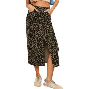 image:imagechouyatou Womens Retro Leopard Print Long Denim Bodycon High Waist Skirt Split Front Jean Pencil SkirtLeopard