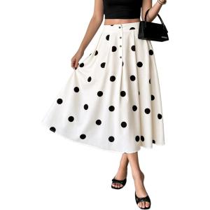 image:imagechouyatou Womens Retro Polka Dot Pleated Skirt High Elastic Waist Flowy Swing Party Midi Long Skirt with PocketsApricot