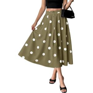 image:imagechouyatou Womens Retro Polka Dot Pleated Skirt High Elastic Waist Flowy Swing Party Midi Long Skirt with PocketsArmy Green