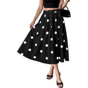 image:imagechouyatou Womens Retro Polka Dot Pleated Skirt High Elastic Waist Flowy Swing Party Midi Long Skirt with PocketsBlack