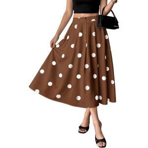 image:imagechouyatou Womens Retro Polka Dot Pleated Skirt High Elastic Waist Flowy Swing Party Midi Long Skirt with PocketsBrown