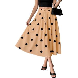 image:imagechouyatou Womens Retro Polka Dot Pleated Skirt High Elastic Waist Flowy Swing Party Midi Long Skirt with PocketsKhaki