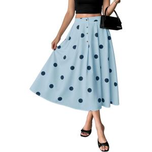image:imagechouyatou Womens Retro Polka Dot Pleated Skirt High Elastic Waist Flowy Swing Party Midi Long Skirt with PocketsLight Blue