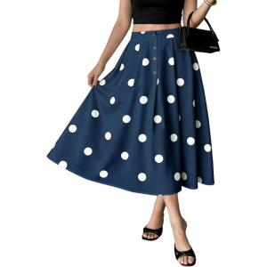 image:imagechouyatou Womens Retro Polka Dot Pleated Skirt High Elastic Waist Flowy Swing Party Midi Long Skirt with PocketsNavy