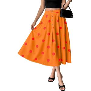 image:imagechouyatou Womens Retro Polka Dot Pleated Skirt High Elastic Waist Flowy Swing Party Midi Long Skirt with PocketsOrange