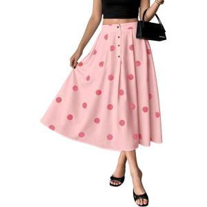 image:imagechouyatou Womens Retro Polka Dot Pleated Skirt High Elastic Waist Flowy Swing Party Midi Long Skirt with PocketsPink