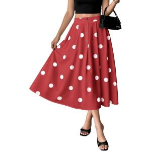 image:imagechouyatou Womens Retro Polka Dot Pleated Skirt High Elastic Waist Flowy Swing Party Midi Long Skirt with PocketsRed