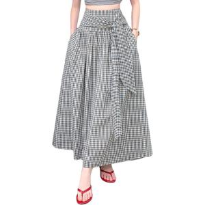 image:imagechouyatou Womens Sexy Tie Knot Plaid Maxi Skirt Back Smocked Waist Pleated Swing Long Skirt with PocketsBlack