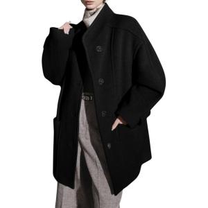 image:imagechouyatou Womens Stand Collar Loose Fit Wool Coat Button Down Dressy Winter Warm Trench Coat OuterwearBlack