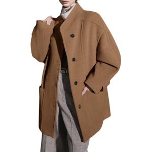 image:imagechouyatou Womens Stand Collar Loose Fit Wool Coat Button Down Dressy Winter Warm Trench Coat OuterwearBrown