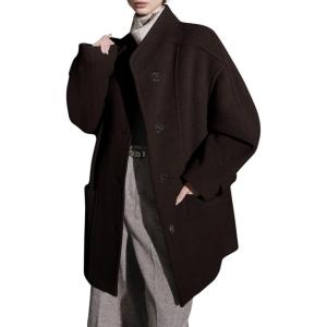 image:imagechouyatou Womens Stand Collar Loose Fit Wool Coat Button Down Dressy Winter Warm Trench Coat OuterwearCoffee