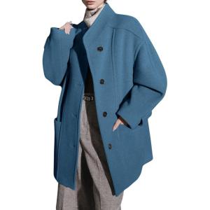image:imagechouyatou Womens Stand Collar Loose Fit Wool Coat Button Down Dressy Winter Warm Trench Coat OuterwearDark Blue
