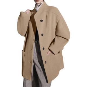 image:imagechouyatou Womens Stand Collar Loose Fit Wool Coat Button Down Dressy Winter Warm Trench Coat OuterwearKhaki