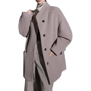 image:imagechouyatou Womens Stand Collar Loose Fit Wool Coat Button Down Dressy Winter Warm Trench Coat OuterwearLight Coffee