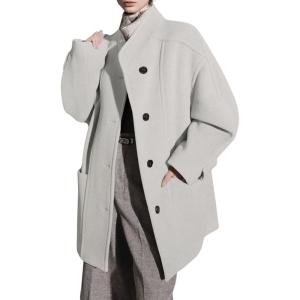 image:imagechouyatou Womens Stand Collar Loose Fit Wool Coat Button Down Dressy Winter Warm Trench Coat OuterwearWhite