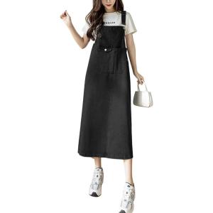 image:imagechouyatou Womens Summer Loose Denim Overall Dress Casual Adjustable Strap ALine Midi Jean DressBlack