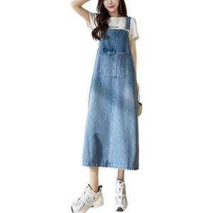 image:imagechouyatou Womens Summer Loose Denim Overall Dress Casual Adjustable Strap ALine Midi Jean DressLight Blue