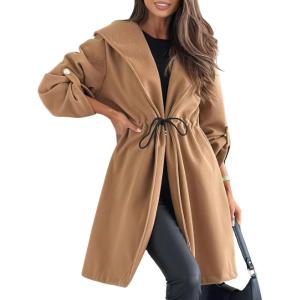 image:imagechouyatou Womens Tie Waist Hooded Wool Coat Casual Rolled Up Sleeve Wool Blend Mid Long Trench Coat OvercoatBrown