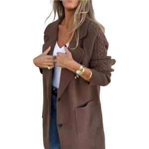 image:imagechouyatou Womens Vintage Cable Knit Sleeve Wool Coat Single Breasted Wool Blend Mid Long Pea Coat OvercoatKhaki