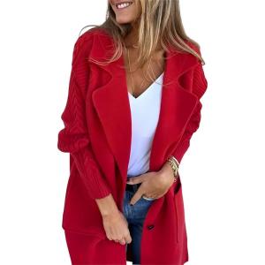 image:imagechouyatou Womens Vintage Cable Knit Sleeve Wool Coat Single Breasted Wool Blend Mid Long Pea Coat OvercoatRed