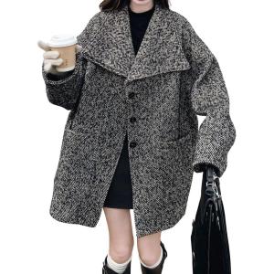 image:imagechouyatou Womens Vintage Lapel Herringbone Wool Coat Single Breasted Mid Long Trench Pea Coat Outerwear JacketDark Gray