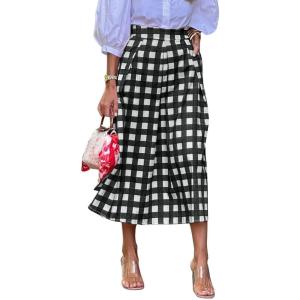 image:imagechouyatou Womens Vintage Plaid Checkered A Line Skirt Casual High Waisted Midi Long Skirt with PocketsBlack