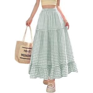image:imagechouyatou Womens Vintage Plaid Ruffle Skirt High Elastic Waist A Line Swing Pleated Long SkirtGreen
