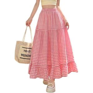 image:imagechouyatou Womens Vintage Plaid Ruffle Skirt High Elastic Waist A Line Swing Pleated Long SkirtPink