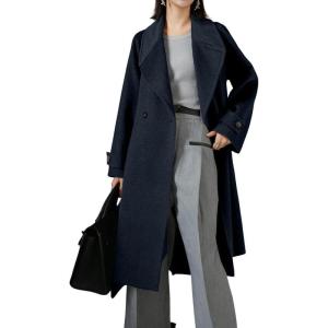 image:imagechouyatou Womens Winter Business Casual Midi Long Wool Coat Long Sleeve Wool Trench Pea Coat with BeltBlack