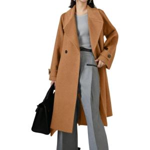 image:imagechouyatou Womens Winter Business Casual Midi Long Wool Coat Long Sleeve Wool Trench Pea Coat with BeltCamel