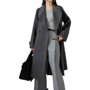 image:imagechouyatou Womens Winter Business Casual Midi Long Wool Coat Long Sleeve Wool Trench Pea Coat with BeltDark Grey