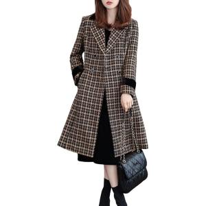 image:imagechouyatou Womens Winter Double Breasted Plaid Wool Coat Casual Fall Houndstooth Long Pea Coat OvercoatBrown