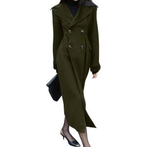 image:imagechouyatou Womens Winter Slim Fit Double Breasted Wool Trench Coat Notch Lapel Dressy Mid Long OvercoatArmy Green