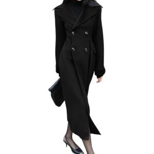 image:imagechouyatou Womens Winter Slim Fit Double Breasted Wool Trench Coat Notch Lapel Dressy Mid Long OvercoatBlack