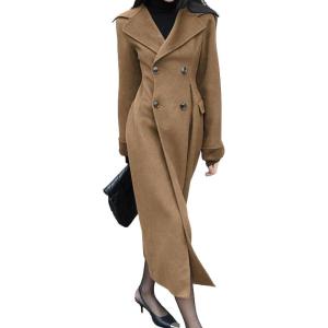 image:imagechouyatou Womens Winter Slim Fit Double Breasted Wool Trench Coat Notch Lapel Dressy Mid Long OvercoatCamel