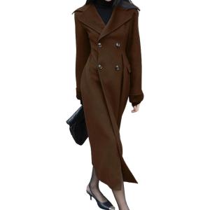 image:imagechouyatou Womens Winter Slim Fit Double Breasted Wool Trench Coat Notch Lapel Dressy Mid Long OvercoatDark Brown