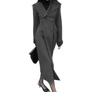 image:imagechouyatou Womens Winter Slim Fit Double Breasted Wool Trench Coat Notch Lapel Dressy Mid Long OvercoatGrey