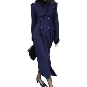 image:imagechouyatou Womens Winter Slim Fit Double Breasted Wool Trench Coat Notch Lapel Dressy Mid Long OvercoatNavy Blue
