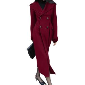 image:imagechouyatou Womens Winter Slim Fit Double Breasted Wool Trench Coat Notch Lapel Dressy Mid Long OvercoatRed