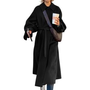 image:imagechouyatou Womens Winter Wool Trench Coat Button Down Lapel Collar Winter Warm Maxi Long Overcoat with BeltBlack