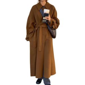 image:imagechouyatou Womens Winter Wool Trench Coat Button Down Lapel Collar Winter Warm Maxi Long Overcoat with BeltBrown