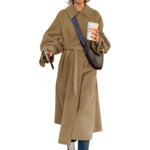 image:imagechouyatou Womens Winter Wool Trench Coat Button Down Lapel Collar Winter Warm Maxi Long Overcoat with BeltKhaki