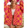 image:imagechouyatou Womens 2025 Fall Contrast Color Plaid Cardigan Sweaters Gingham Open Front Chunky Knit Cardigan JacketRose Red