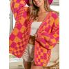 image:imagechouyatou Womens 2025 Fall Contrast Color Plaid Cardigan Sweaters Gingham Open Front Chunky Knit Cardigan JacketRose Red