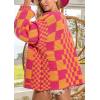 image:imagechouyatou Womens 2025 Fall Contrast Color Plaid Cardigan Sweaters Gingham Open Front Chunky Knit Cardigan JacketRose Red