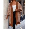 image:imagechouyatou Womens 2025 Trendy Argyle Striped Knit Cardigan Open Front Bishop Sleeve Mid Long Sweater CoatBrown