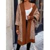 image:imagechouyatou Womens 2025 Trendy Argyle Striped Knit Cardigan Open Front Bishop Sleeve Mid Long Sweater CoatBrown
