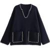 image:imagechouyatou Womens Casual Contrast Color Striped Pullover Tunic Sweater Knit Oversized Sweater with PocketNavy Blue