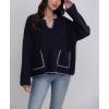 image:imagechouyatou Womens Casual Contrast Color Striped Pullover Tunic Sweater Knit Oversized Sweater with PocketNavy Blue